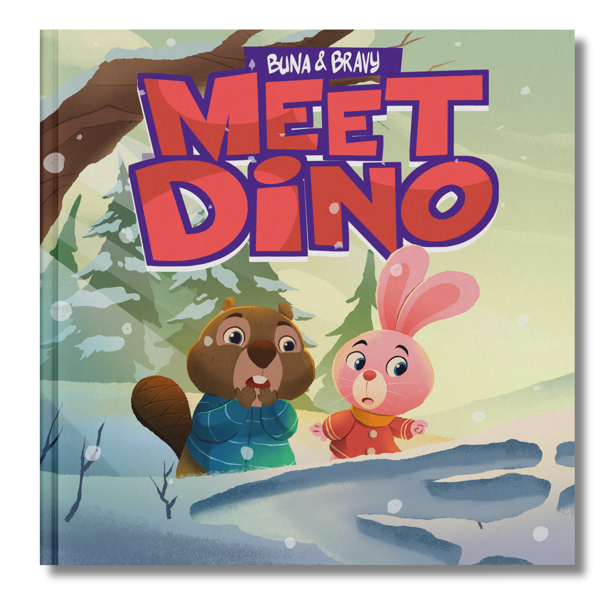 Children are looking up in a snowy outdoor scene with trees and falling snow, inspired by the book cover 'Buna & Bravy Meet Dino'.