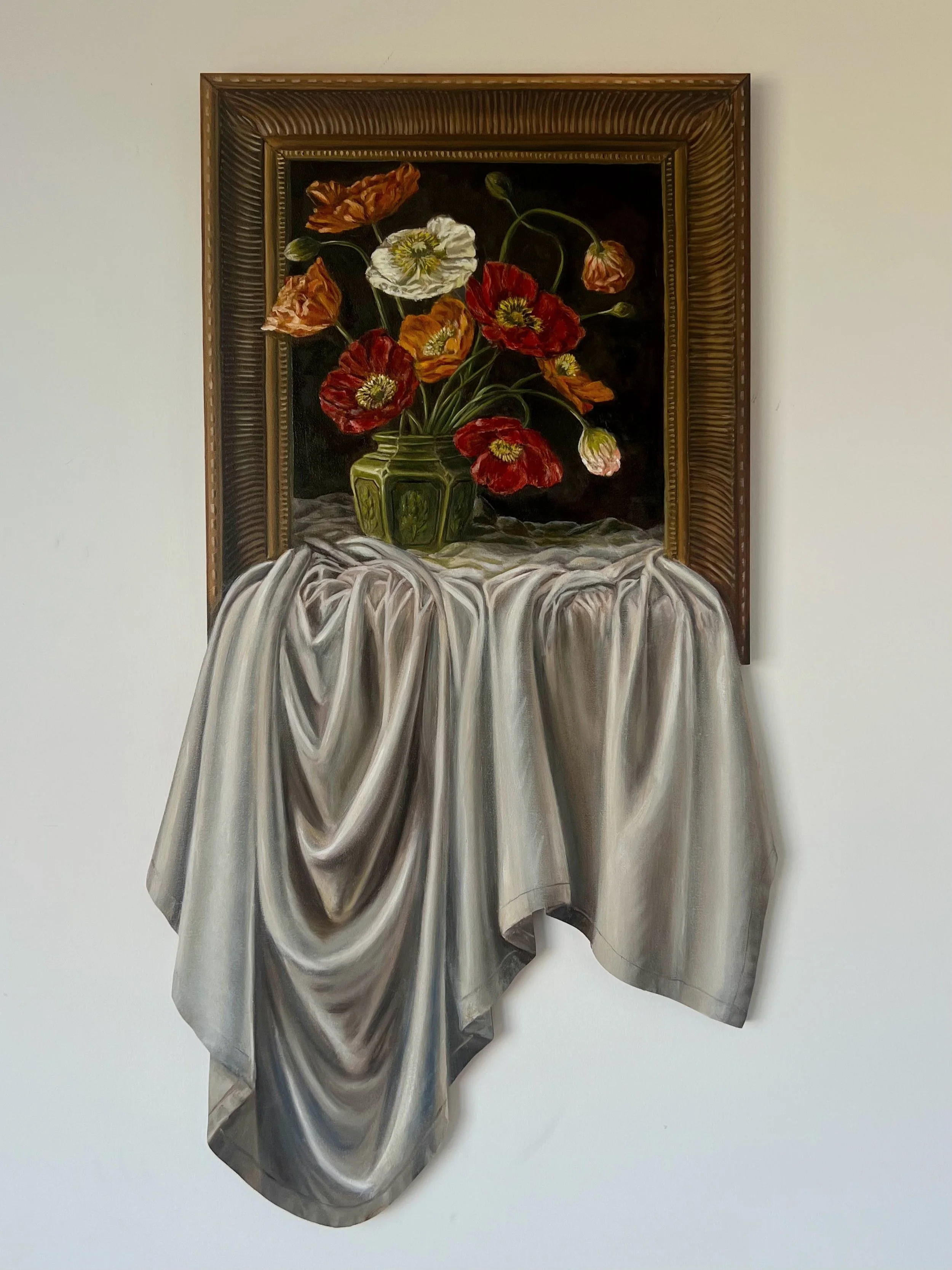Painting of a floral still life with colorful poppies in a green vase, set on a draped cloth with a dark background.