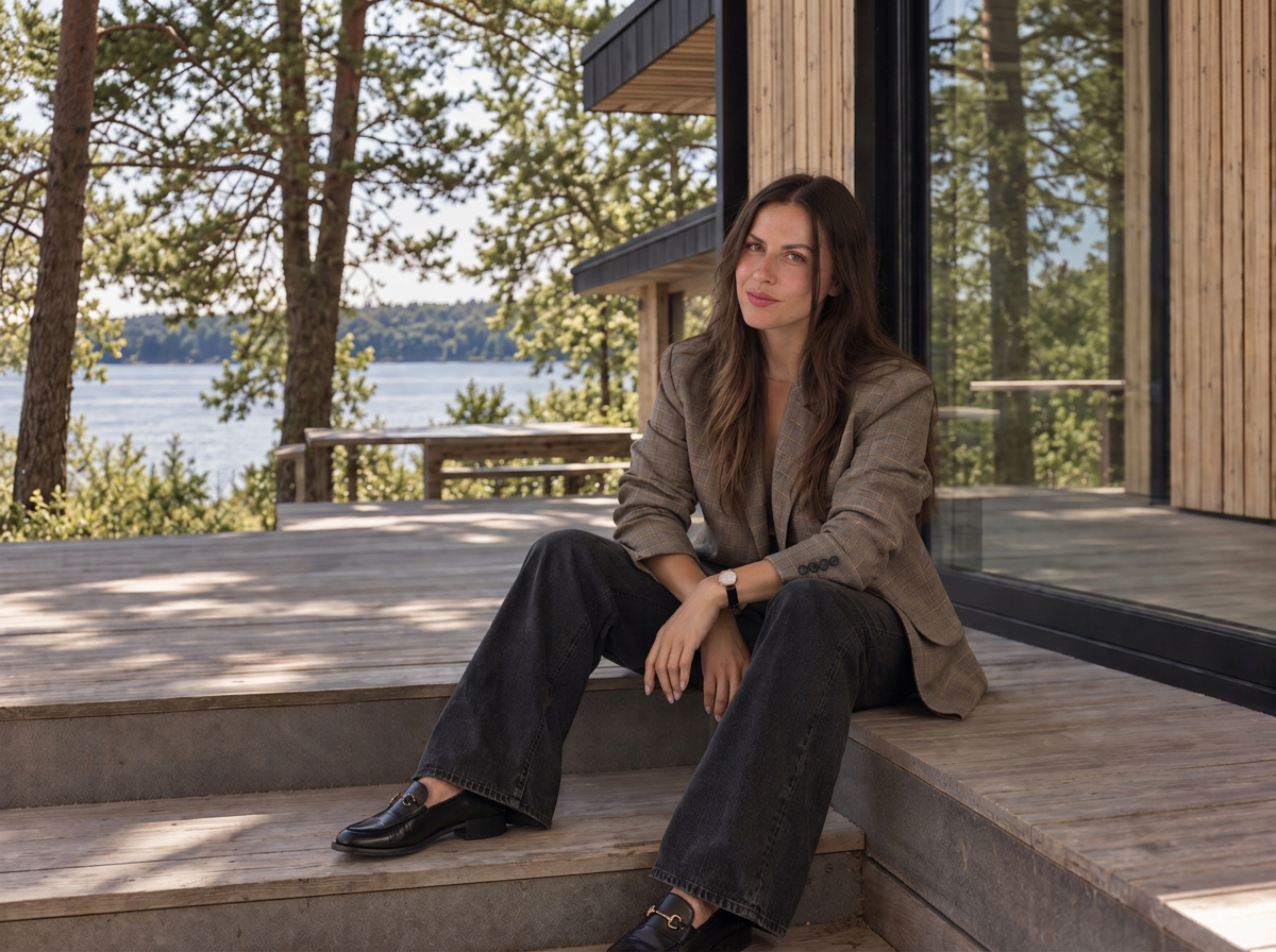 Anna Retel sitting on wooden steps outside a cabin, with trees and a lake behind her