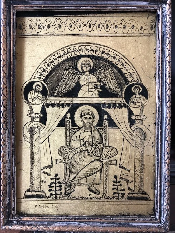 Verre Eglomise (reverse etched gold leaf on glass) with a simple wooden frame, depicting the Evanglist St Matthew writing his gospel; above is the winged man, a symbol of St Matthew, inspiring the saint. Decorative elements including curtains and col