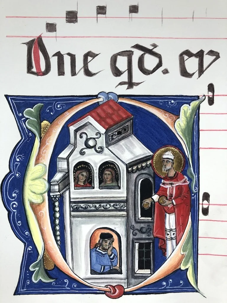 St Nicholas of Bari, in an historiated initial C (Cunctis beneficia 'kindnesses to all...')