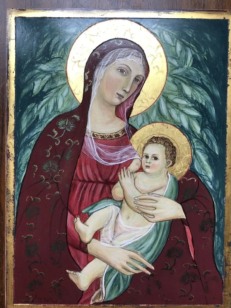 Madonna of the Earth: On aged thick Cedar wood, 23 Karat gold leaf with Japanese stamp decoration. 25 x 19 x 3cm.