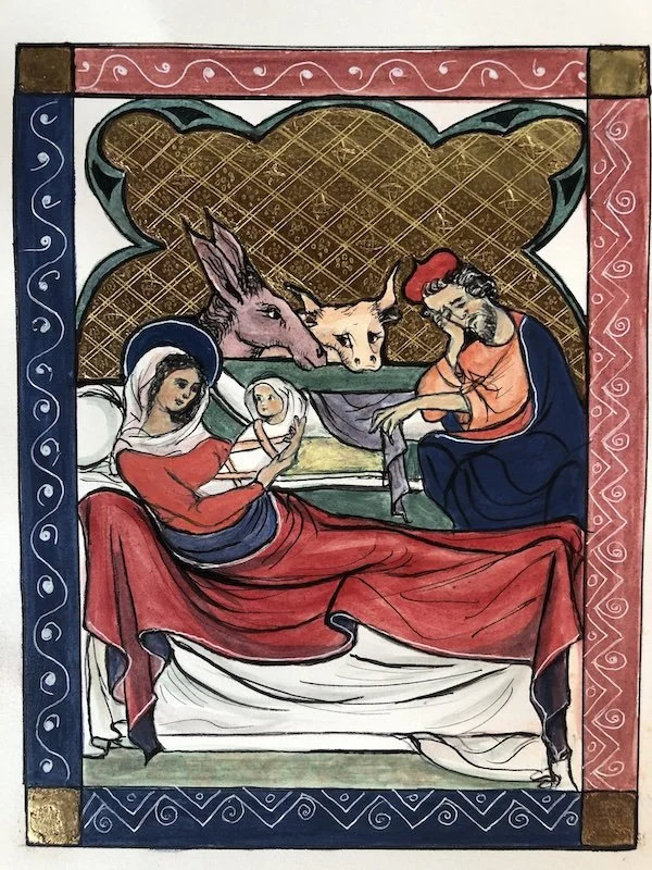 The Nativity of Christ: Egg glair tempera, raised and tooled 23 karat gold leaf and sepia ink, on Arches Hot Press watercolour paper.  Inspired by an English choir manuscript, early 14th c.  (A4)