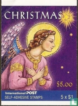 Christmas-themed stamp sheet featuring a religious figure, possibly an angel, with a halo, purple robe, and crossed hands, against a purple background with a sun and stars, priced at $5.00.