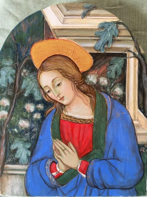 Madonna in the Garden: On aged Pine wood. (Inspired by Pinturicchio, 15thc., Spello). 23cm x 18cm x 2cm.