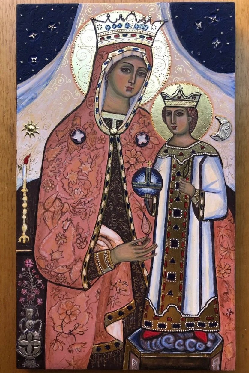 The Unwithering Rose (2025): Egg tempera painting on aged Cypress wood. 23-Karat gold leaf embellished with raised pastiglia, sgraffito and inks. Inspired by a Greek prototype, 17th c.). 32 x 19 x 2cm.