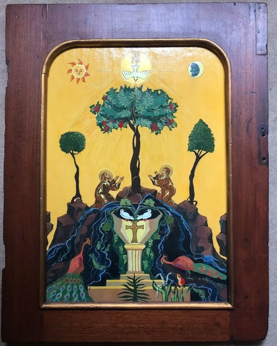 'A New Creation' (1990): Egg tempera on pine wood set within an antique cupboard door. Painting size: 45 x 30 x 2cm. Frame width 7cm.