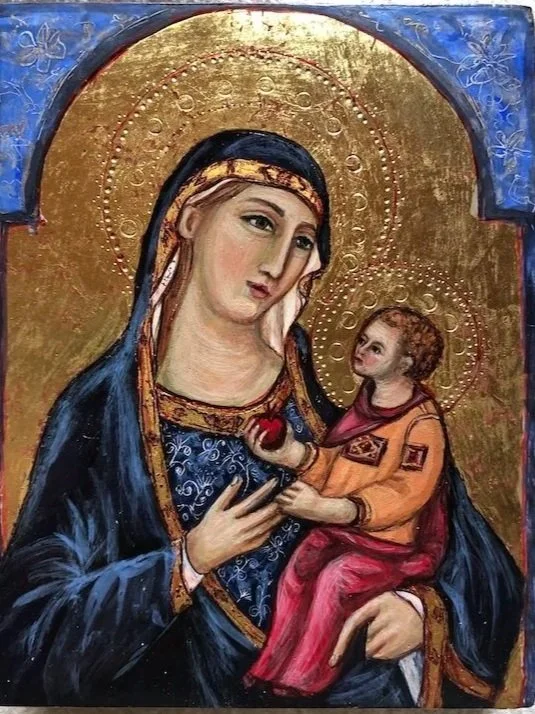 Madonna and Child with Pomegranate.
On aged Cypress wood with tooled water gilding. (Inspired by Meo di Guido da Siena, c.1360).  14cm x 11cm x 2.75cm.