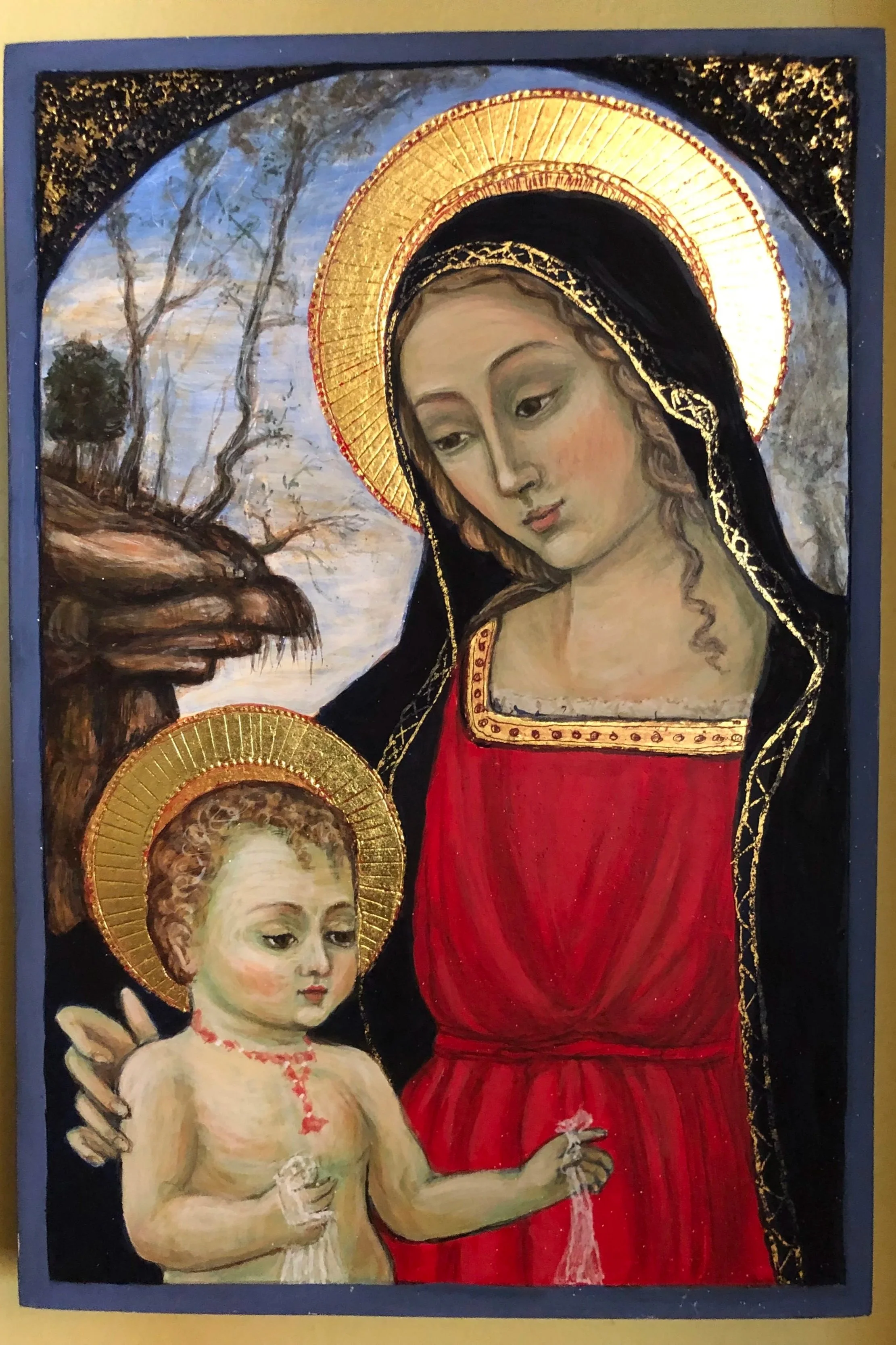 Madonna and Child in the Forest: On aged Cypress wood with pastiglia decoration and gold striations. (Inspired by Bartolomeo Montaga, c.1490, Brera). 22cm x 15cm x 2cm.