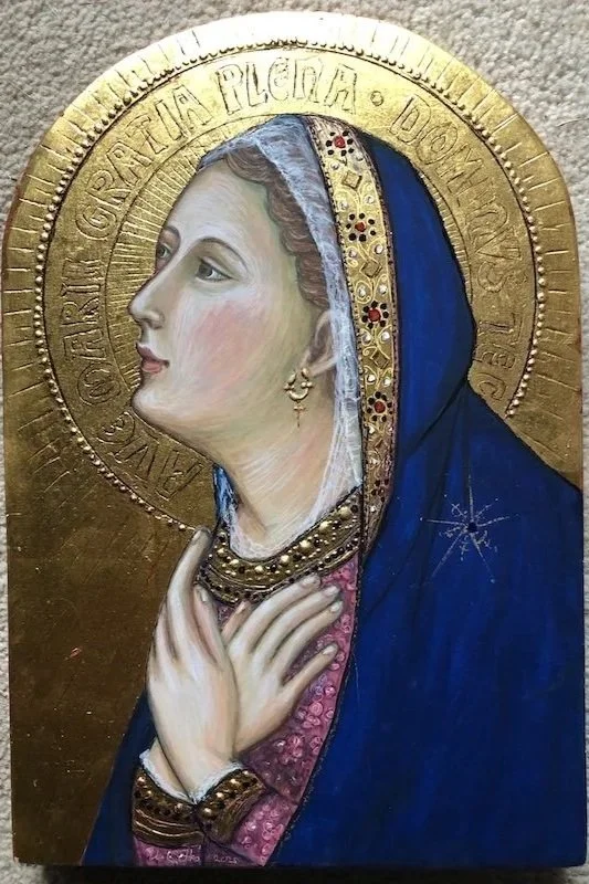 Madonna in Adoration: On aged Cypress wood, with sgraffito and pastiglio raised decoration. (Inspired by Ambrogio Lorenzetti, c1320, Siena). 24.5cm x 17cm x 2cm.

'Ave Gratia Plena. Dominus Tecum' (Hail Full of Grace. The Lord is with You)