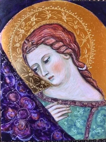 Angel in Adoration: On aged Cedar wood, 23 Karat gold leaf with punchwork, silver leaf with sgraffito decoration.
(Inspired by Luca Di Tomme, c1390, Florence)
14cm x 11cm x 3cm. 