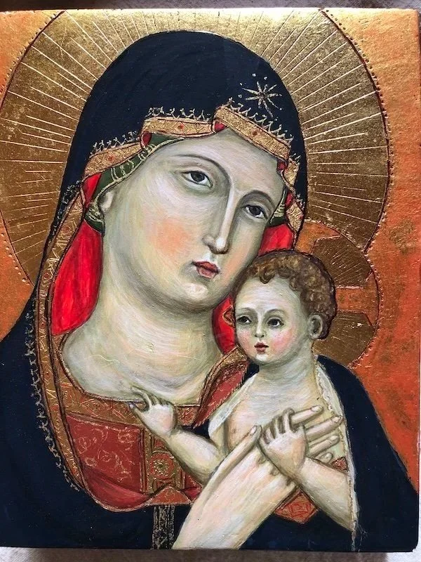 Mary and the Christ Child: On aged Cedar wood, with engraved gesso and mordant gilding. (Inspired by Pietro di Niccolo da Orvieto, c.1470, Fitzwilliam Museum). 17cm x 14cm x 3cm.