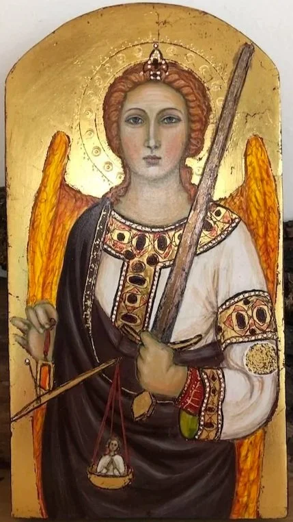 Archangel Michael: On aged Cypress wood with gold leaf punchwork and sgraffito decoration.  (Inspired by Taddeo Gaddi, c.1360, Florence) 19cm x 10cm x 2cm.