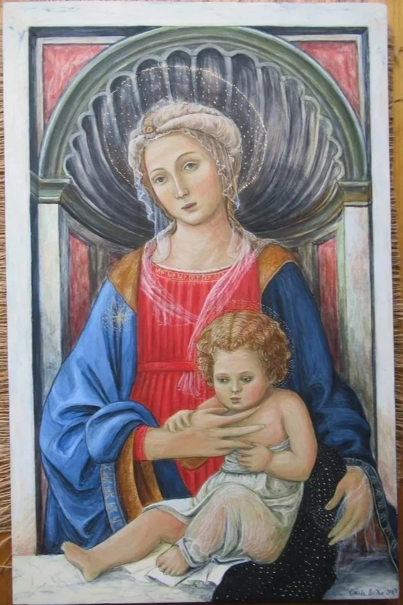 Madonna and Child in a Marble Church (2017): Egg tempera on Gelutong wood. 
(Inspired by Fra Filippo Lippi c.1450). 
48 x 31 x 2 cm