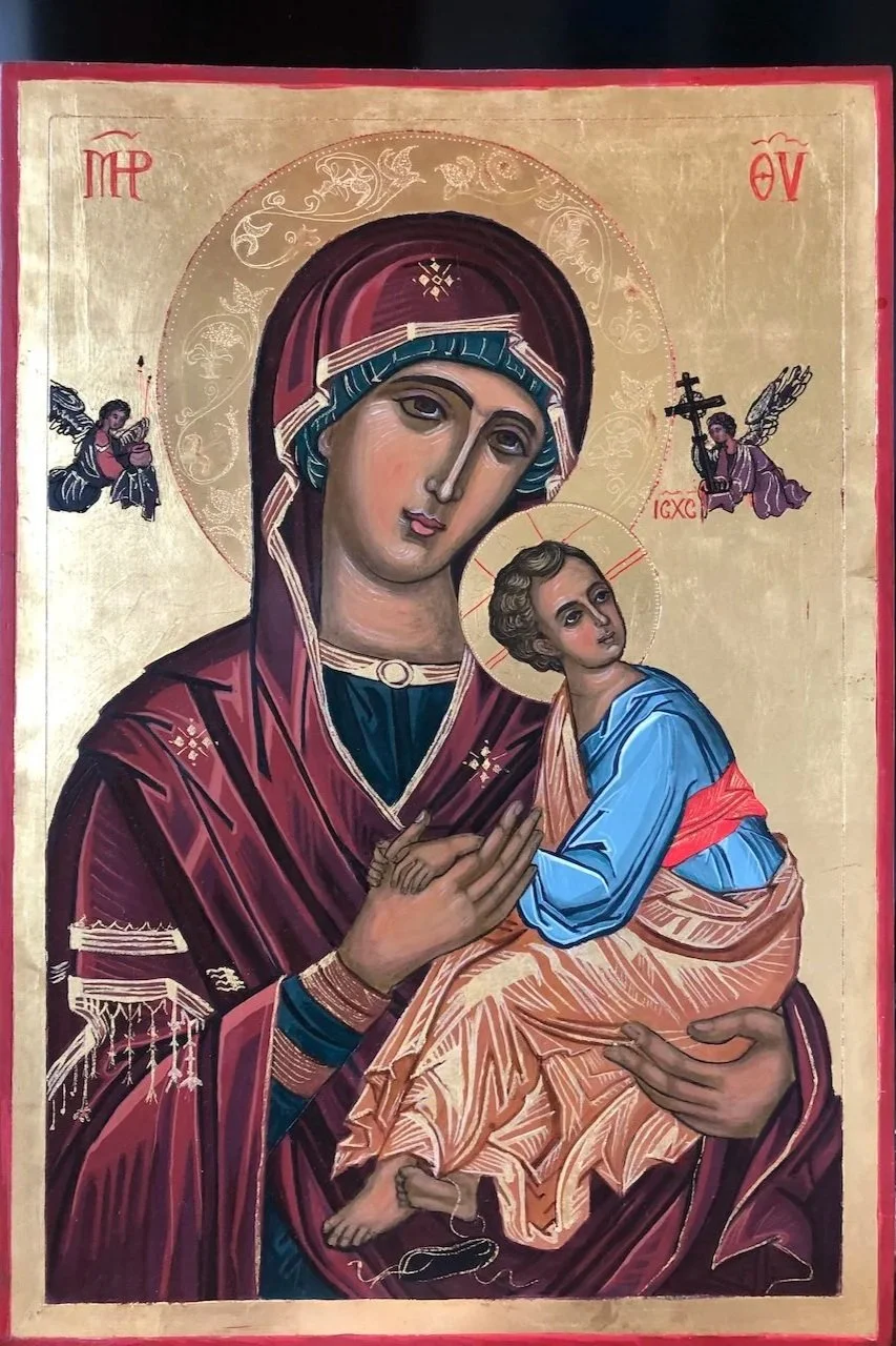 The Virgin of the Passion "Pammakaristos". (2014): On Western red Cedar with egg tempera painting and 23 karat gold leaf, gold assist. (Prototype: Cretan workshop, 16th c.). 42 x 29 x 2cm. 