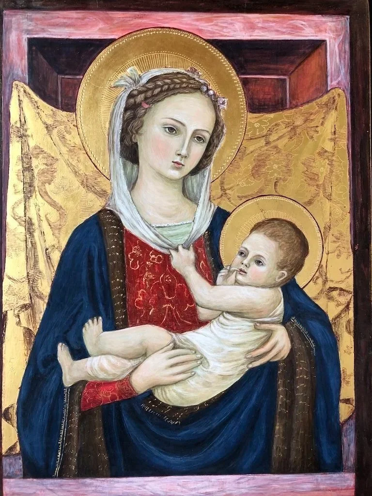 Madonna and Child with a Golden Cloth of Honour (2024): On NZ Kauri wood with egg tempera painting and 23 Karat gold leaf with punchwork and sgraffito decoration. (Inspired by Filipp Lippi c.1450). 40.5 x 29.5 x 1.5cm.