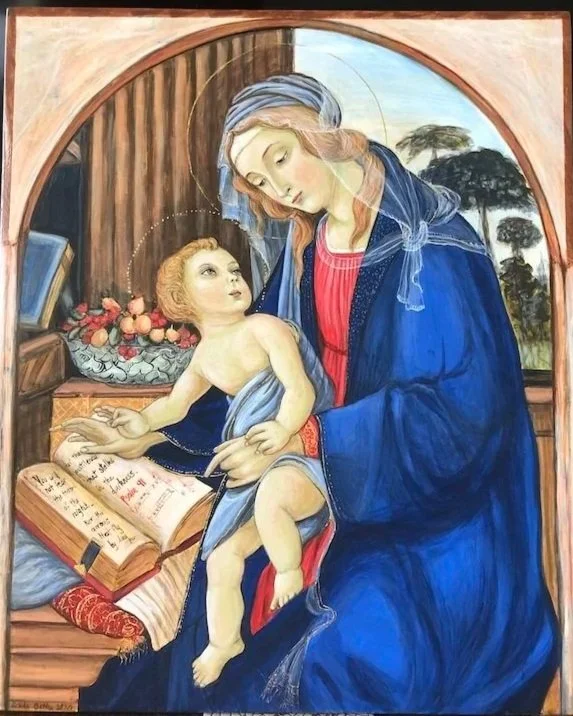 Mary teaching Jesus how to read with Psalm 91 (2020): Egg tempera painting on aged Cypress wood. (Inspired by Sandro Botticelli, c.1480 Museo Poldi Pezzoli, Milan). 42 x 35 x 1.5cm.
