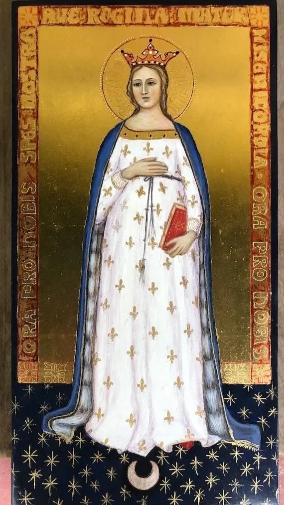 Regina Caeli, Queen of Heaven (2024):  Egg tempera painting with 23 karat gold leaf on aged Cypress wood with gold punchwork, mordant gilding and acrylic ink calligraphy. (Inspired by Nardo di Cione, Madonna del Parto, Museo Bandini, Fiesole)  37 x 1