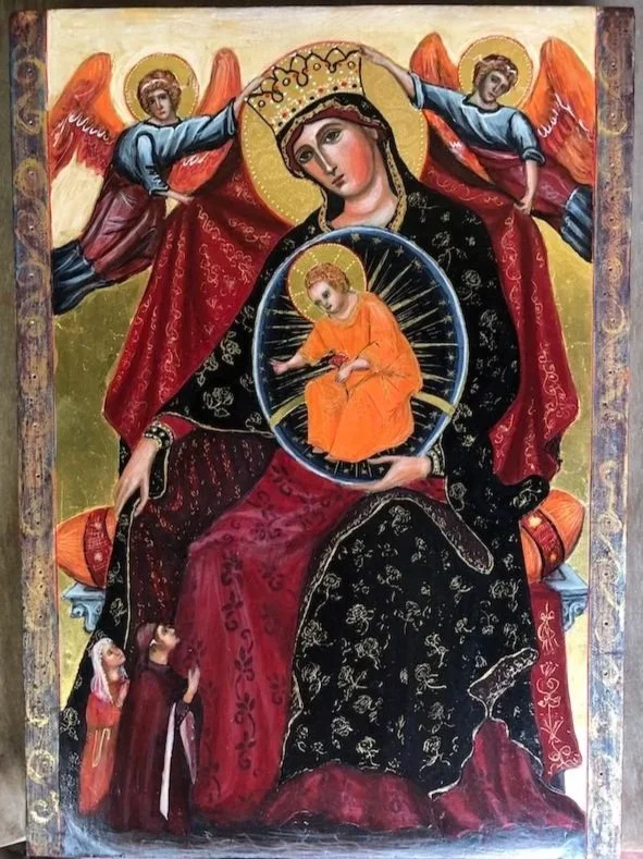 Coronation of the Virgin Mary (2011): On 4-ply wood with egg tempera painting and 23 karat gold leaf with sgraffito decoration. (Inspired by Paolo Veneziano, c.1325, Venice). 25 x 25 x 1cm