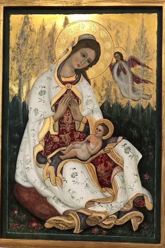 Madonna in the Mystic Garden (2024): Egg tempera painting on aged Cypress wood. Sgraffito and punchwork on gold leaf; Hanko stamping.  43 x3 1cm incl. frame).  SOLD. Available for commission.