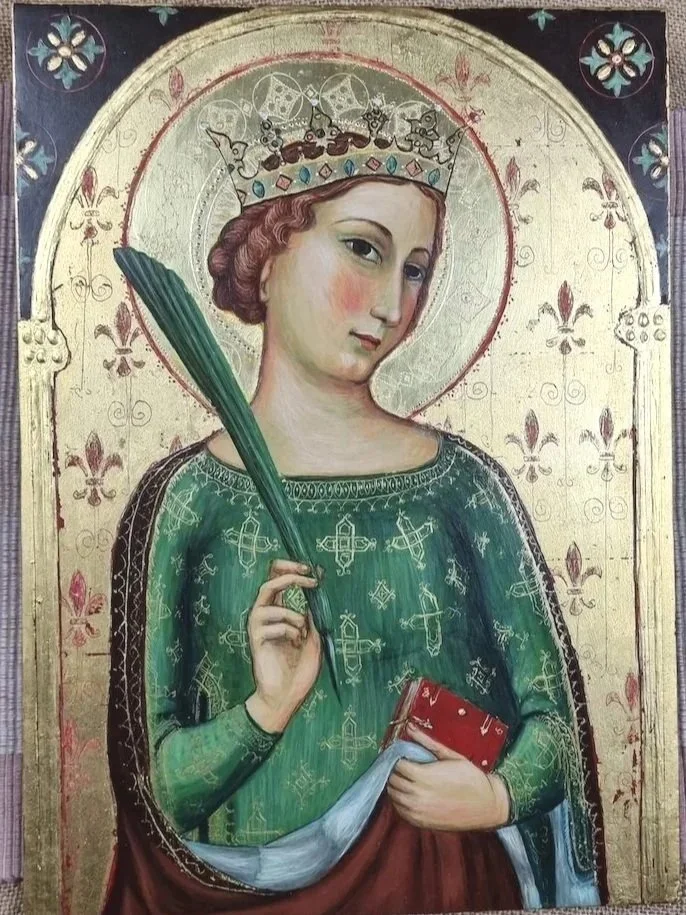 St Catherine of Alexandria (2014): Egg tempera painting on four-ply wood, 23 Karat gold leaf with punchwork, sgraffito and raised pastiglia work. 35 x 25 x 1cm.