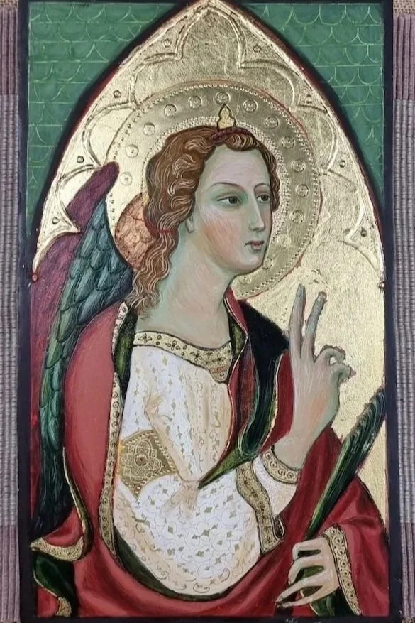 Angel Gabriel Annunciate (2015): Egg tempera painting and 23 Karat gold leaf on aged Pine, with relief gesso (pastiglia) and decorative gold leaf. (Inspired by Andrea di Bartolo, 1425) 30cm x 18 cm x 2.5cm.