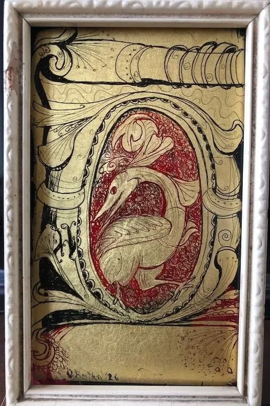 Fantastic Bird (2026): Based on a 12th c. manuscript illumination. 14 x 9cm includes frame.