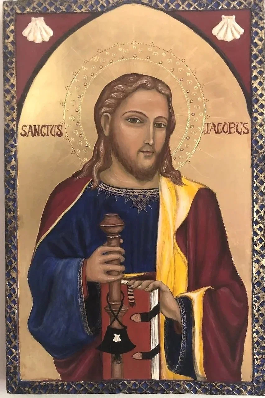 St James the Pilgrim (2016):  Egg tempera with 23 karat gold leaf and raised pastiglia work frame, on Western red Cedar. 44 x 29 x 2cm. 