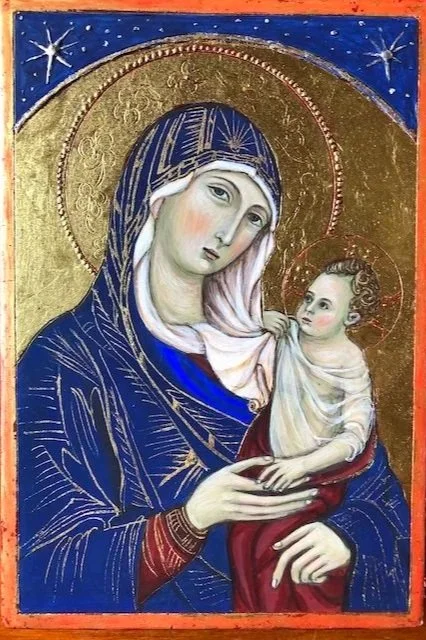 Religious icon painted on wood depicting the Virgin Mary holding baby Jesus, as the Way to eternal life; set against a gold leaf background with the blue celestial sky and stars.