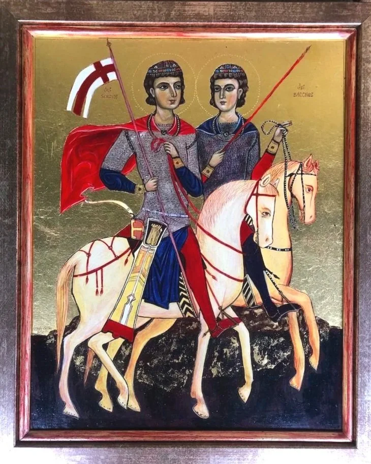 Saints Sergius and Bacchus (2012): Egg tempera with 23 karat gold leaf and silver leaf with sgraffito, on Western red Cedar. Professional frame of solid wood. (Prototype: St Catherine's Monastery, Mt Sinai, 12th C.) 42 x 34 x 4cm. 