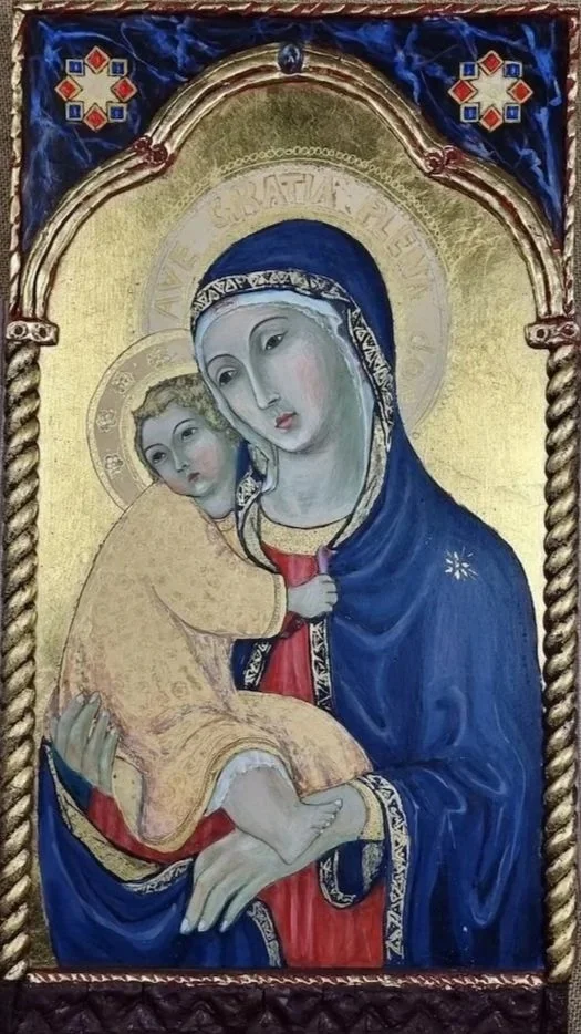 Madonna and Child (2014): 23 Karat gold leaf with raised pastiglia and barley-sugar wood framing feature, on aged Western red Cedar. (Inspired by Sano di Pietro). 52 x 29 x 3cm. 
SOLD.    Available for commission