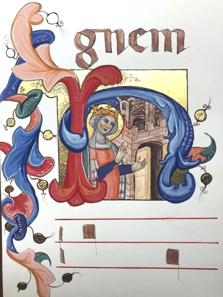 St Helena in Constantinople, in an historiated initial H (Helena): Egg glair tempera, 23 karat gold leaf and sepia ink, on Arches Hot Press watercolour paper. Inspired by a Florentine Choir book, 14th c. (A4)