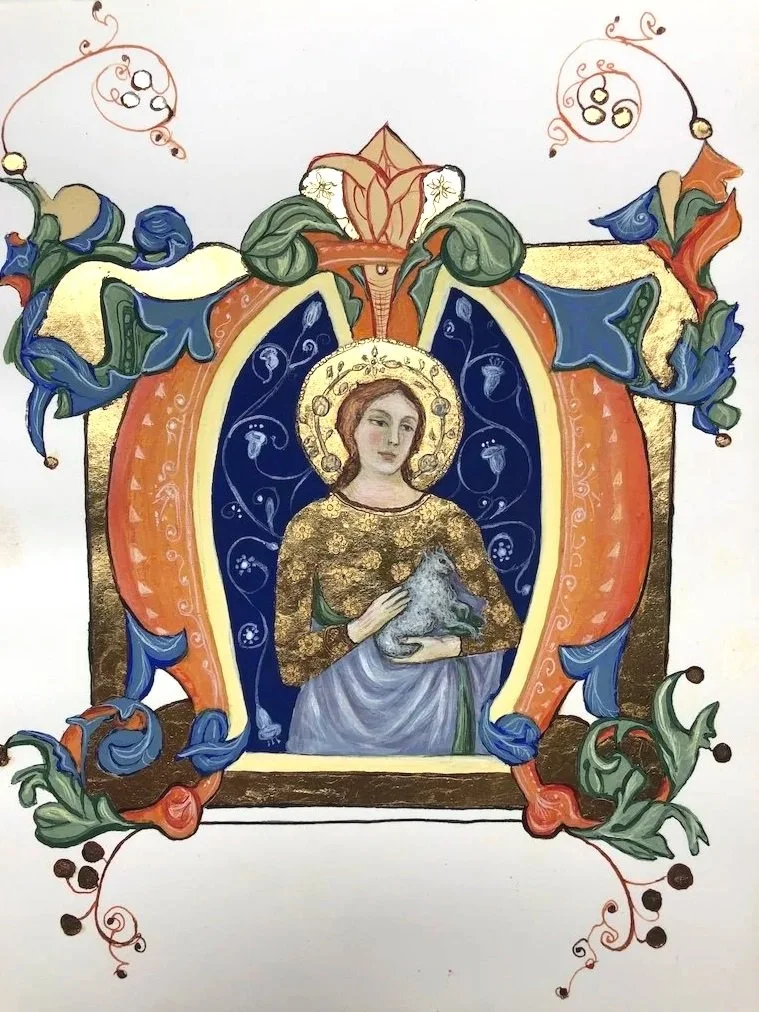 A religious icon depicting a woman, possibly a saint or the Virgin Mary, with a halo, holding a lamb. The image is ornately framed with decorative floral motifs and vibrant colors, resembling illuminated manuscript art.