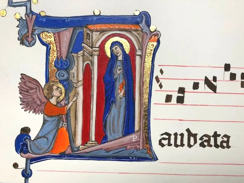 The Annunciation in an historiated initial L (Laudata): Egg glair tempera, 23 karat gold leaf and sepia ink, on Arches Hot Press watercolour paper. Inspired by a Florentine Laudario manuscript, early 14th c. (A4)
