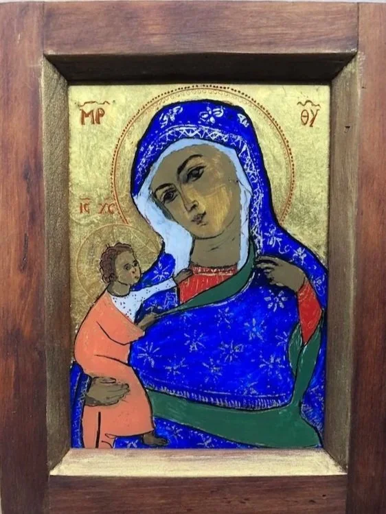 Madonna and Child (2023): Inspired by Italian Icon 13thc. Frame: antique wood & brass camera plate double-darks; 21.5 x 16.5 x 2.5 cm.