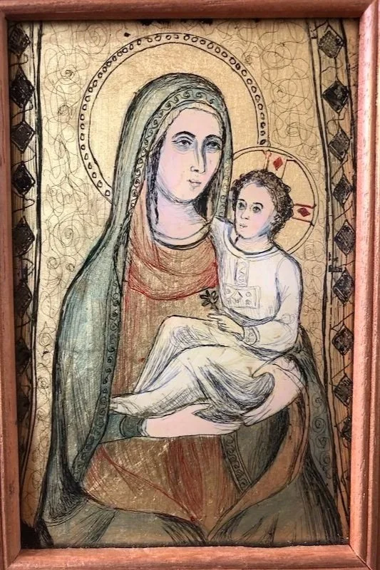 Madonna and Child (2024): Oil paint, gold leaf with Verre eglomise. (Inspired by Lorenzo Monaco, 14th c. Florence). Simple wood photo frame. Approx. 15 x 12 x 1 cm.