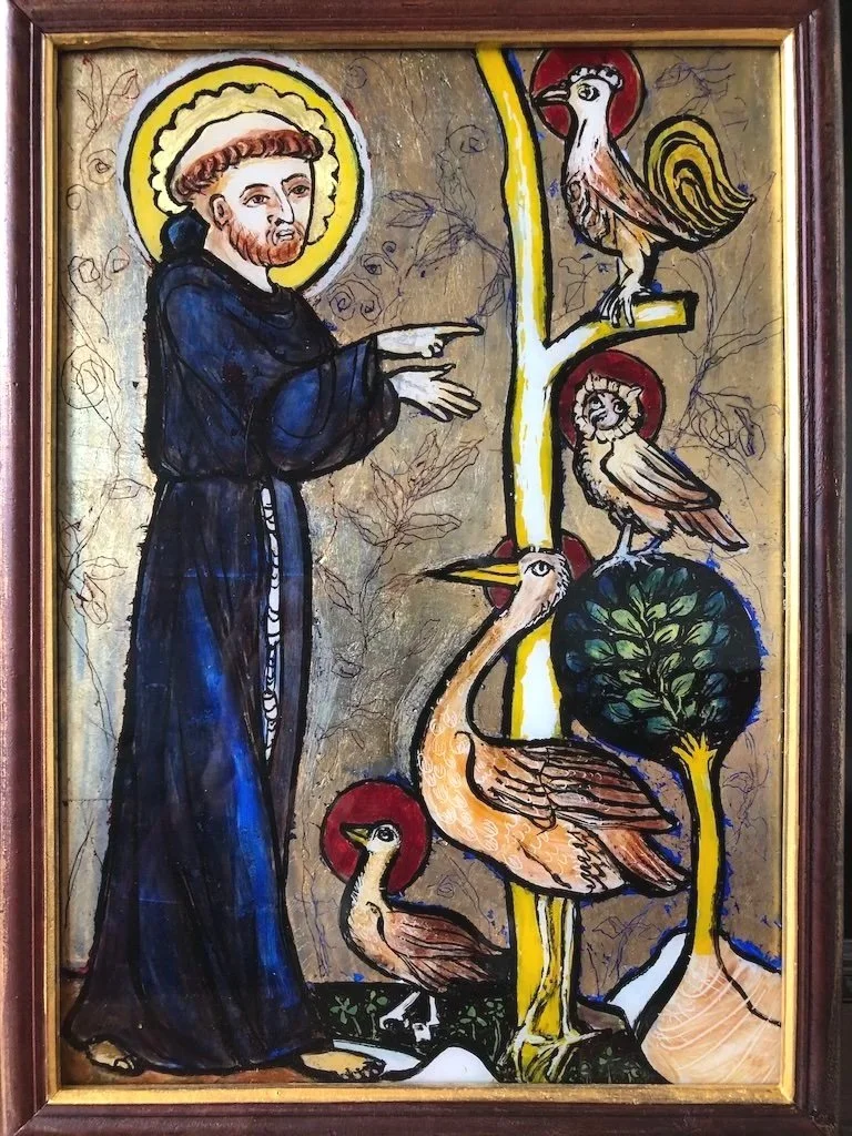 St Francis of Assisi in Paradise (2023): Oil paint, gold and silver leaf on glass (Inspired by a 13th c German stained-glass window). 32.5 x 23 x 1 cm in a simple wood frame.