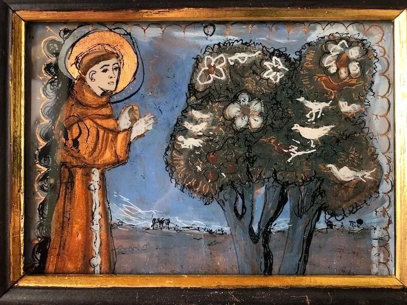 St Francis of Assisi Preaching to the Birds: Oil paint, sgraffito, bronzed metal foil on glass. Simple wood frame. 21 x 16 x 1cm. 