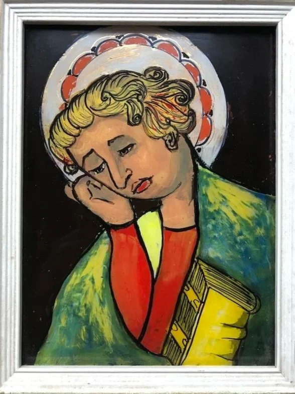 St Matthew Evangelist (2022): Oil paint and gold leaf. Inspired by a 12th c. German stained-glass window. Simple wood frame. 22.5 x 17 x 1 cm.