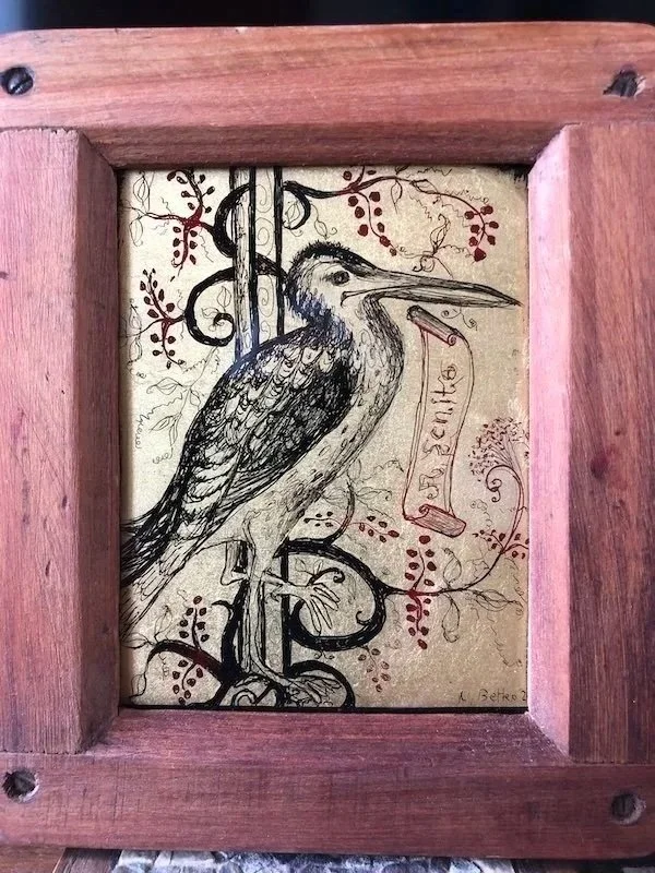 A Scnite bird (2026): Based on a 13th c. English manuscript illumination. Frame: Antique mahogany & brass camera plate double-darks. 15 x 12cm includes frame.