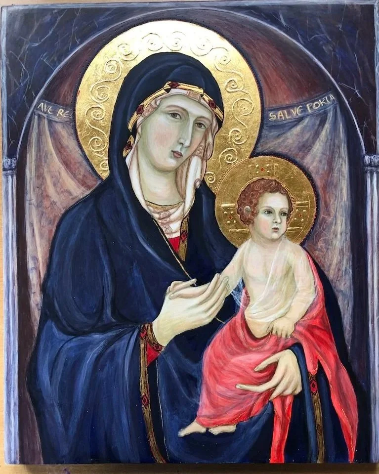 Painting of the Virgin Mary holding Baby Jesus, both with golden halos, in a religious icon style.