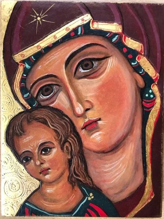 Virgin and Child: On pine wood, 23 Karat gold leaf with sgraffito relief decoration. (Inspired by a detail from a Cypriot prototype). 19 x 15 x 1.5cm.
