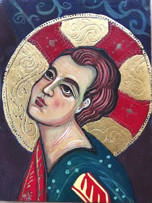 Christ Child - Redeemer: On pine wood, 23 Karat gold leaf with sgraffito relief decoration. (Inspired by a detail from a Cypriot prototype). 19 x 15 x 1.5cm.