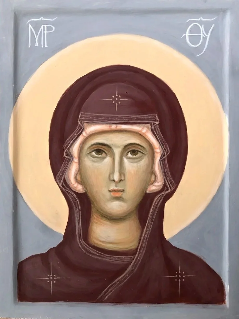 Mary, Mother of God (2026): On 5-ply wood with raised frame. Egg tempera painting. (Prototype: Mosaic, 11th c.). 29 x 19 x 4cm. 
