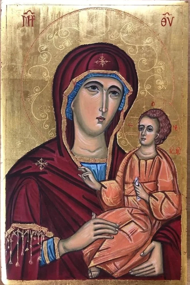 The Mother of God Hodegetria - Our Lady of Mahloula (2021): Egg tempera painting and 23 Karat gold leaf, with gold assist. (Prototype: Church of Sts Sergius and Bacchus, Mahloula Syria 14th C.). 29 x 19 x 4cm. 