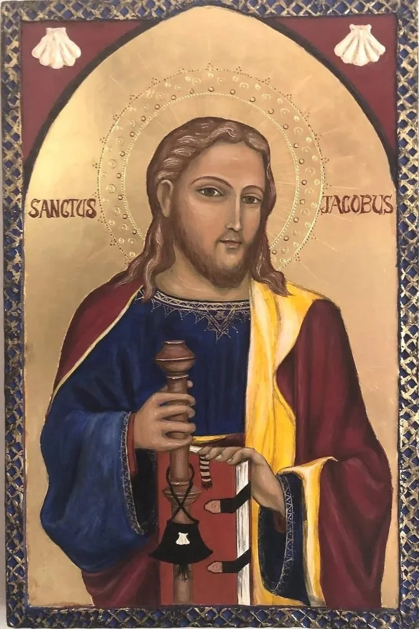 Religious icon painted on wood depicting St James the apostle as a Pilgrim, holding a walking staff and the Gospels book, featuring a gold leaf background and raised decorative border.