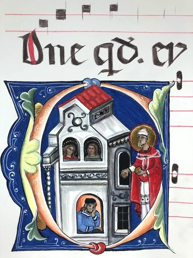 St Nicholas of Bari, in an historiated initial C (Cunctis beneficia 'kindnesses to all...'): (2026).
Egg glair tempera, 23 karat raised gold leaf and sepia ink, on Arches 300gm Hot Press watercolour paper. Inspired by a Florentine Choir book (Antipho