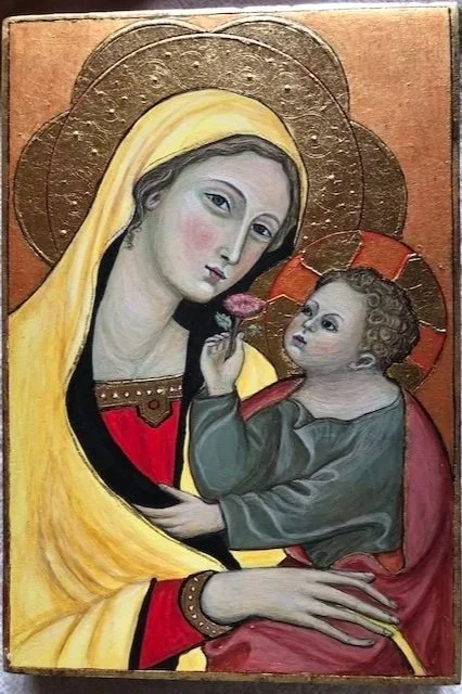 Madonna and Child with a Rose: On aged Cypress, with raised pastiglia decoration. (Inspired by Bartolo di Fredi, c.1388, San Gimignano.) 22cm x 15cm x 2cm