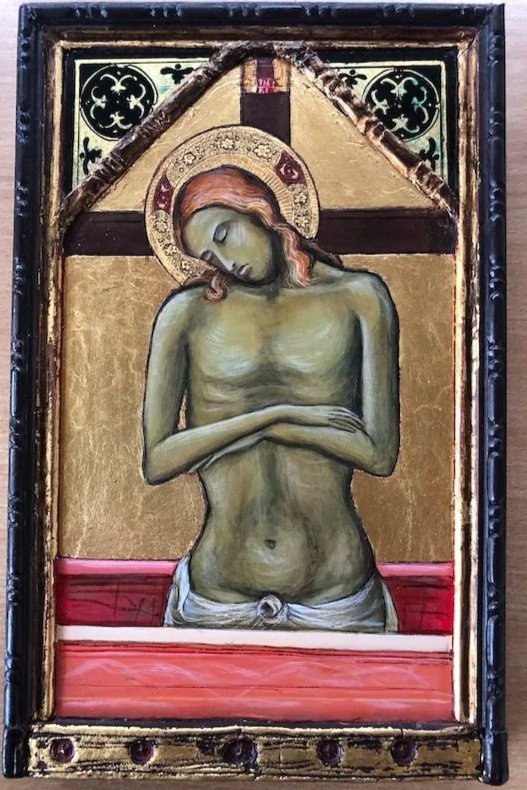 Man of Sorrows: On Pine wood, 23 Karat gold leaf with Pastiglia and verre eglomise as a symbolised frame. (Inspired by a 14th century. Italian prototype) 28 x 18 x 3cm includes frame.