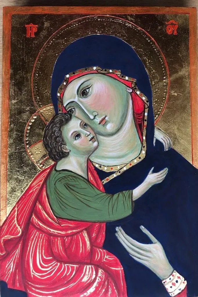 Madonna and Child Lovingkindness: On aged Cypress wood, 23 Karat gold leaf with Pastiglia decoration. (Inspired by Rimini artist, 1320.) 21.5 x 14.5 x 1.5cm.